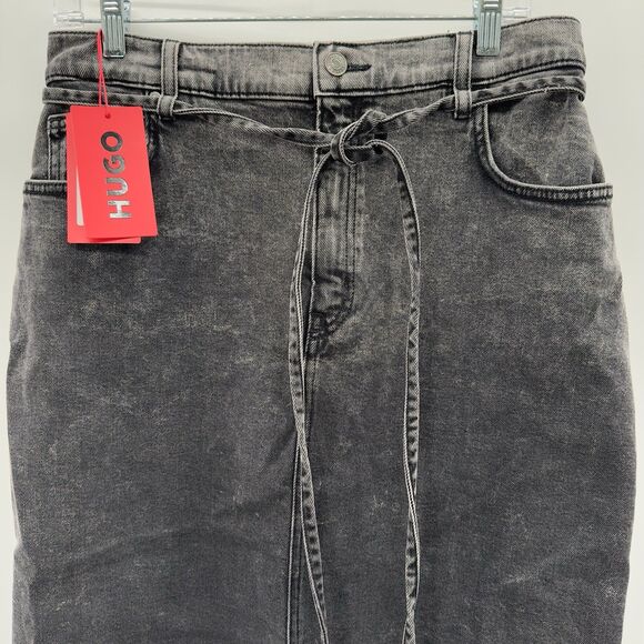NEW Hugo Boss Womens Denim Maxi Skirt Large Gray Gatje Tie Belt Front Slit $158 - Picture 3 of 14